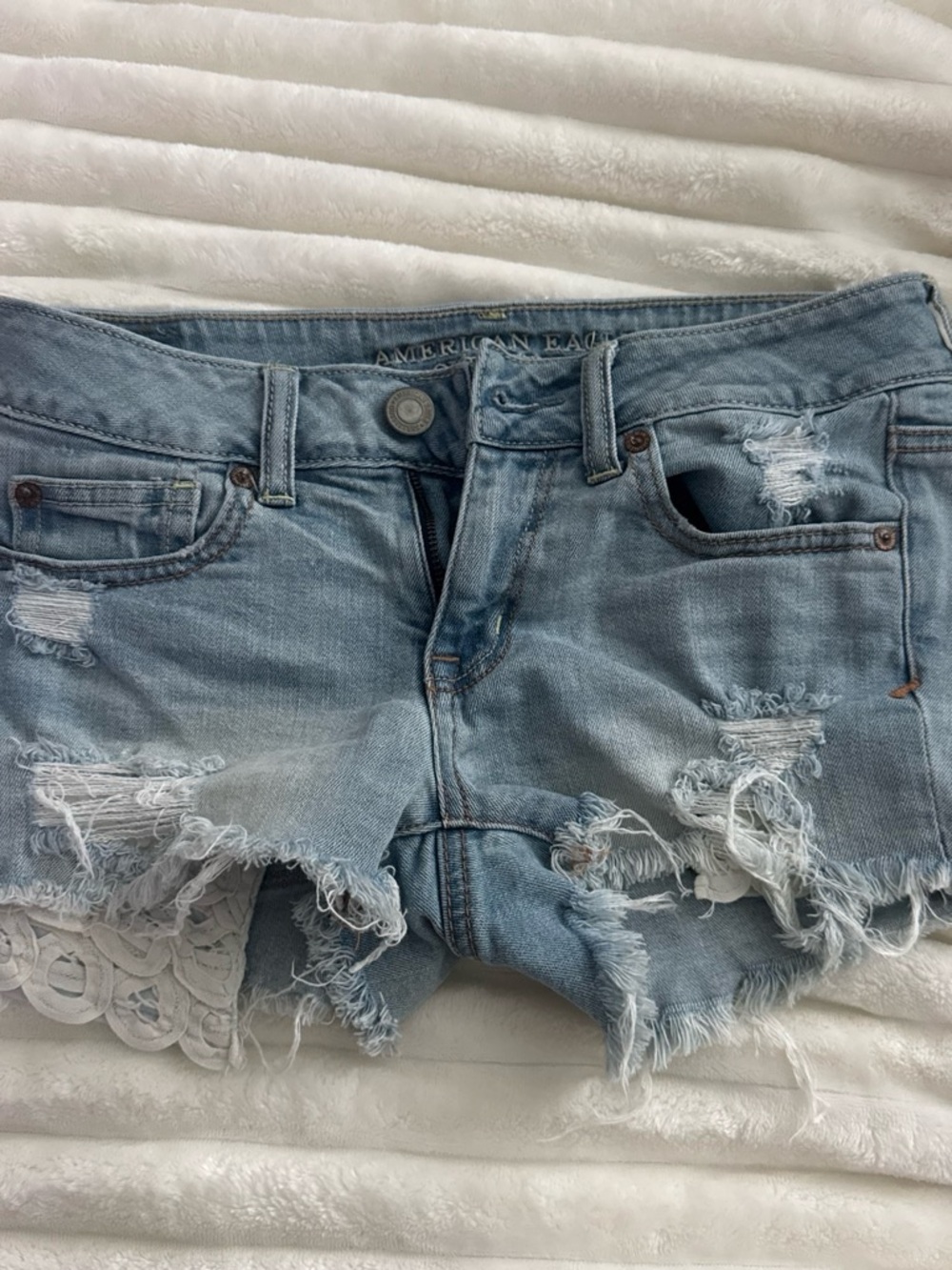 American Eagle Outfitters Light Blue Ripped Denim Shorts with Lace